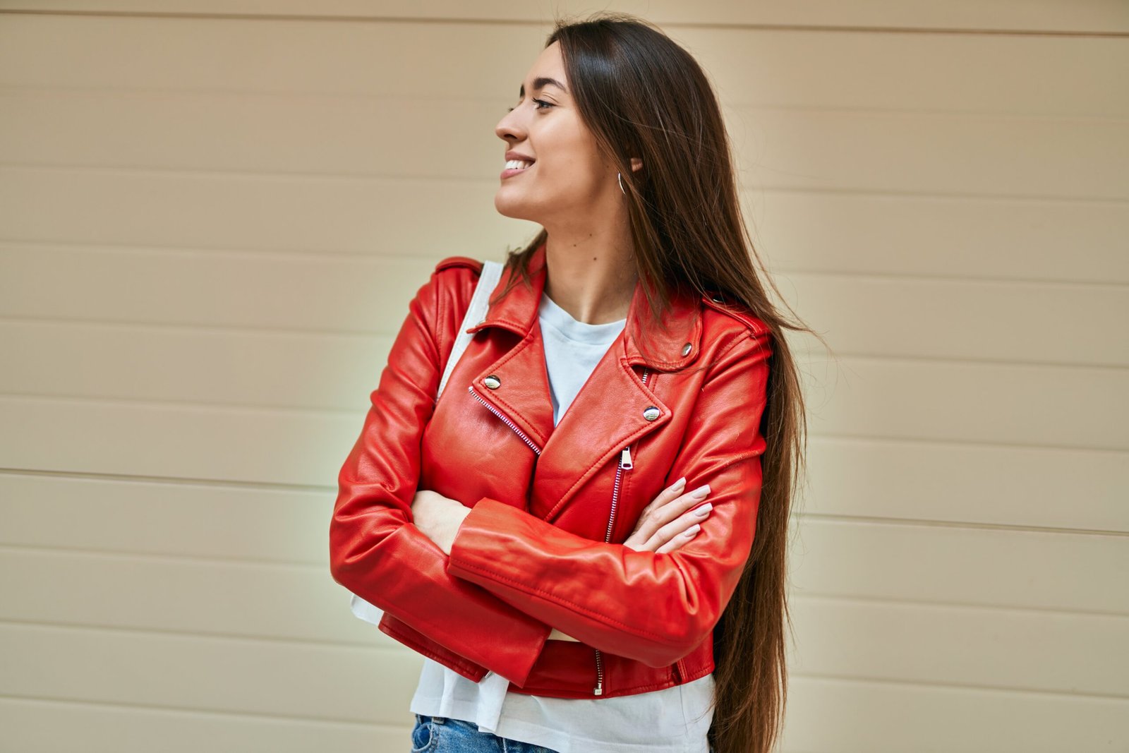 woman red leather jackets