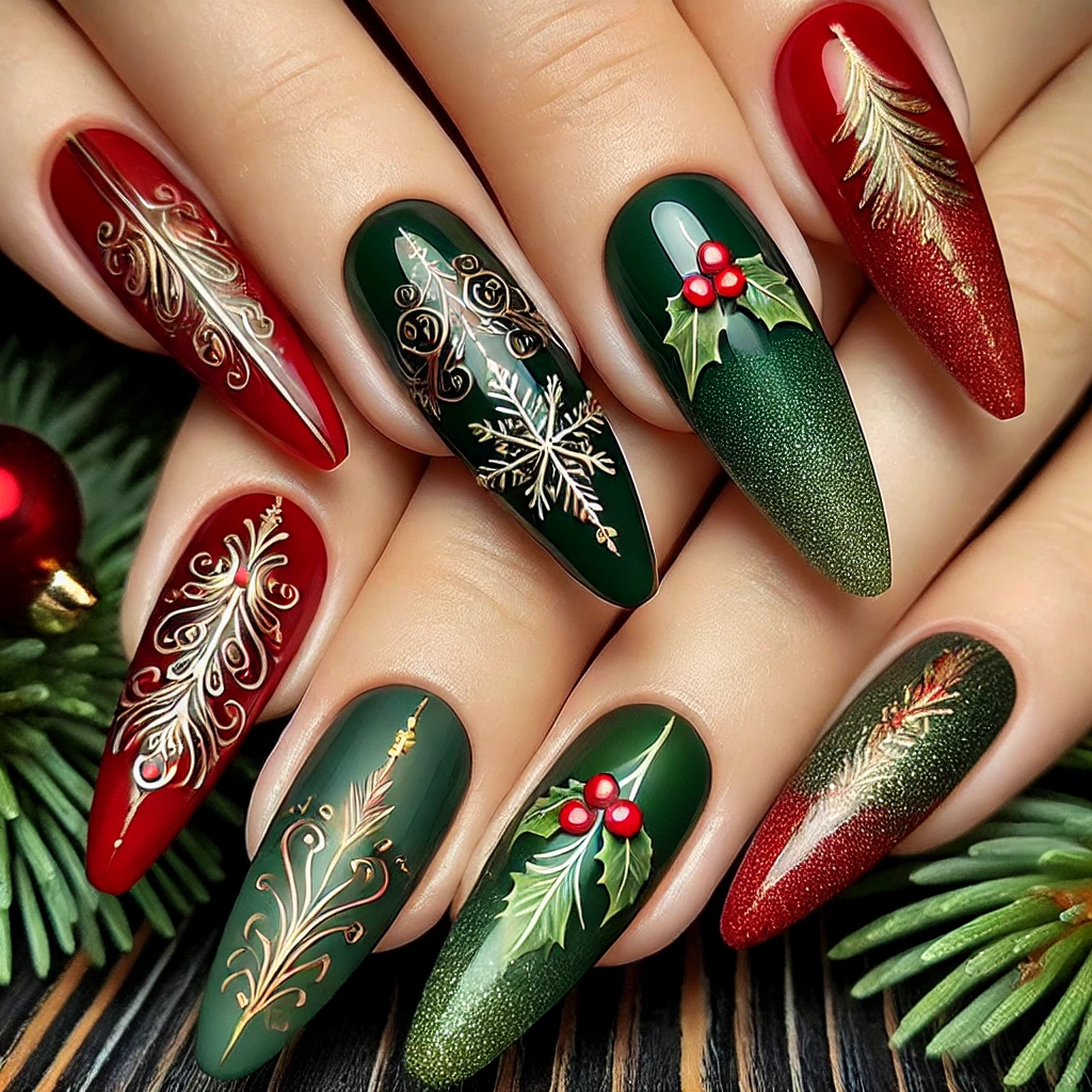 red and green christmas nails