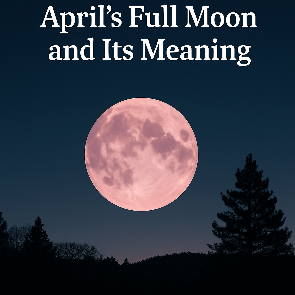 "A vivid Pink Moon rising over a silhouette of trees during a clear night sky."